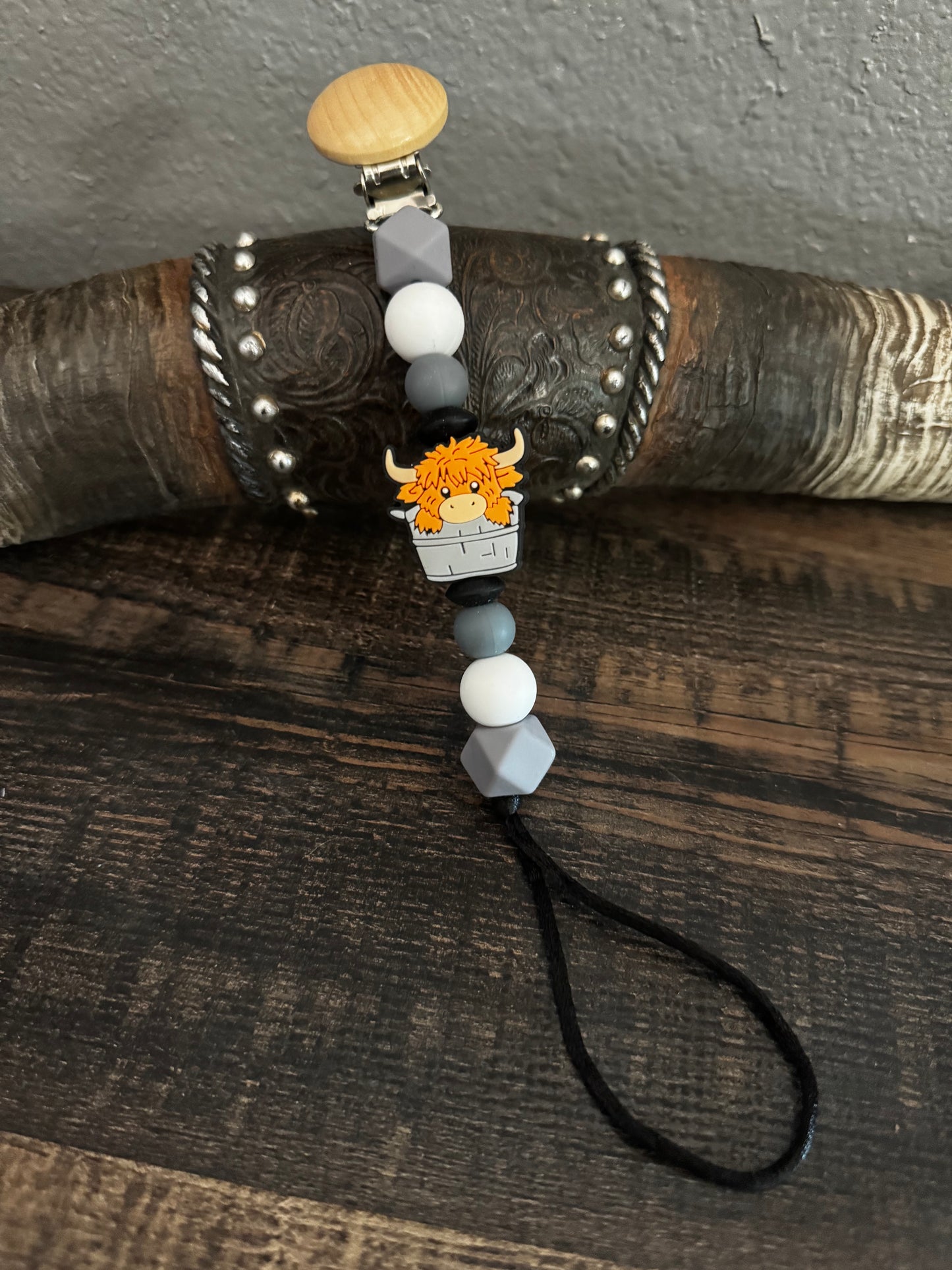 Grey Highland Cow Silicone Pacifier Clip