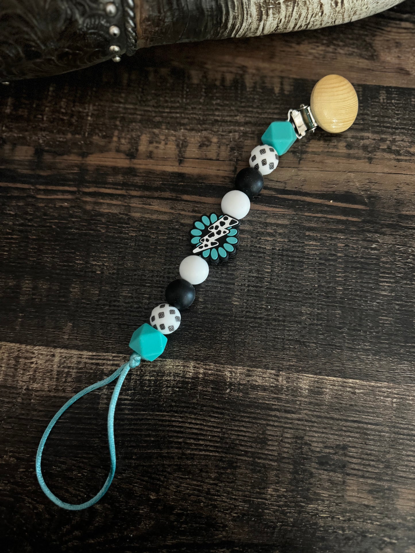 Blue Cow Print Lighting Bolt Silicone Pacifier Clip