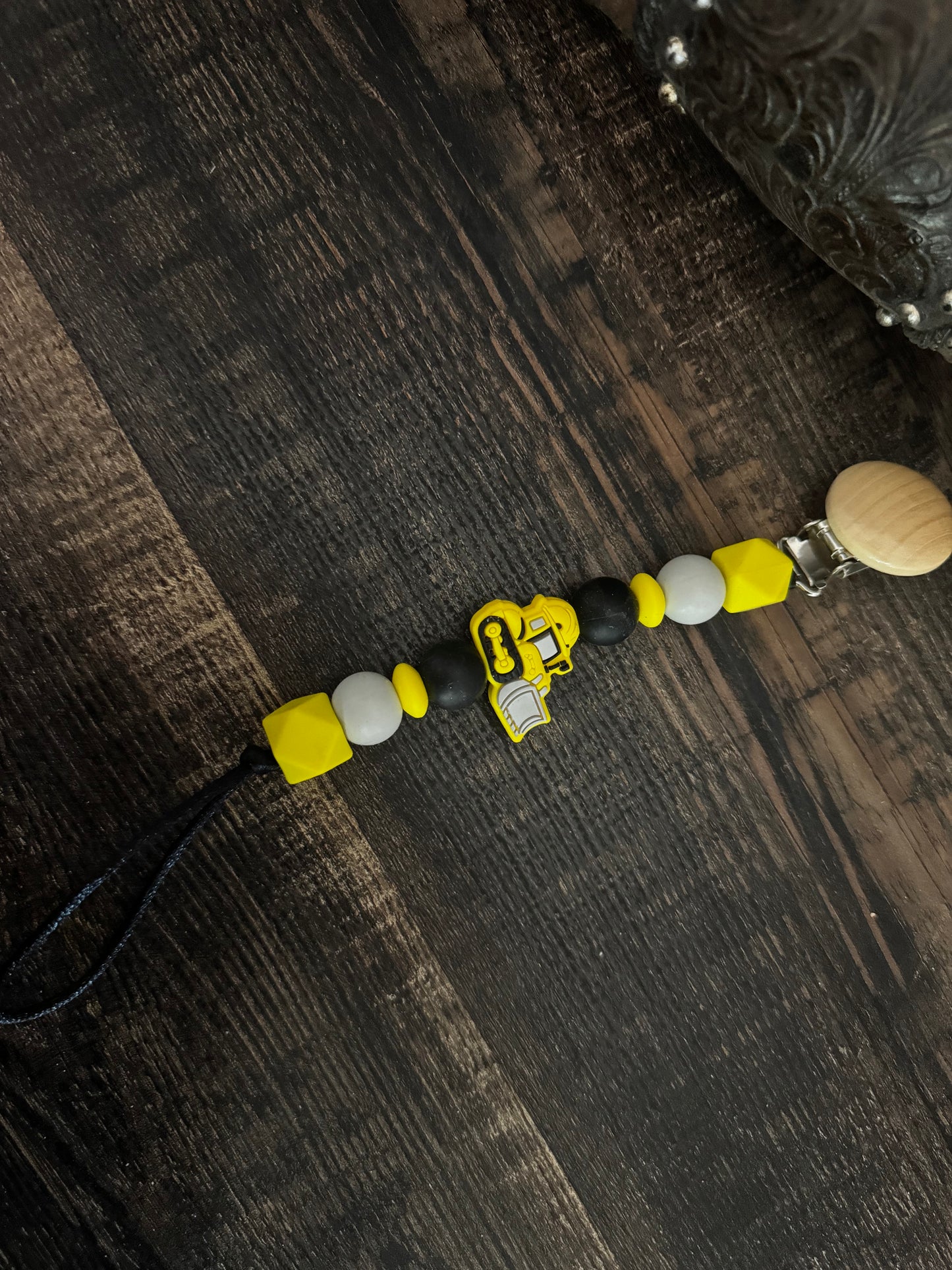 Yellow Bulldozer Silicone Pacifier Clip