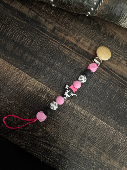 Pink Bow Cow Silicone Pacifier Clip