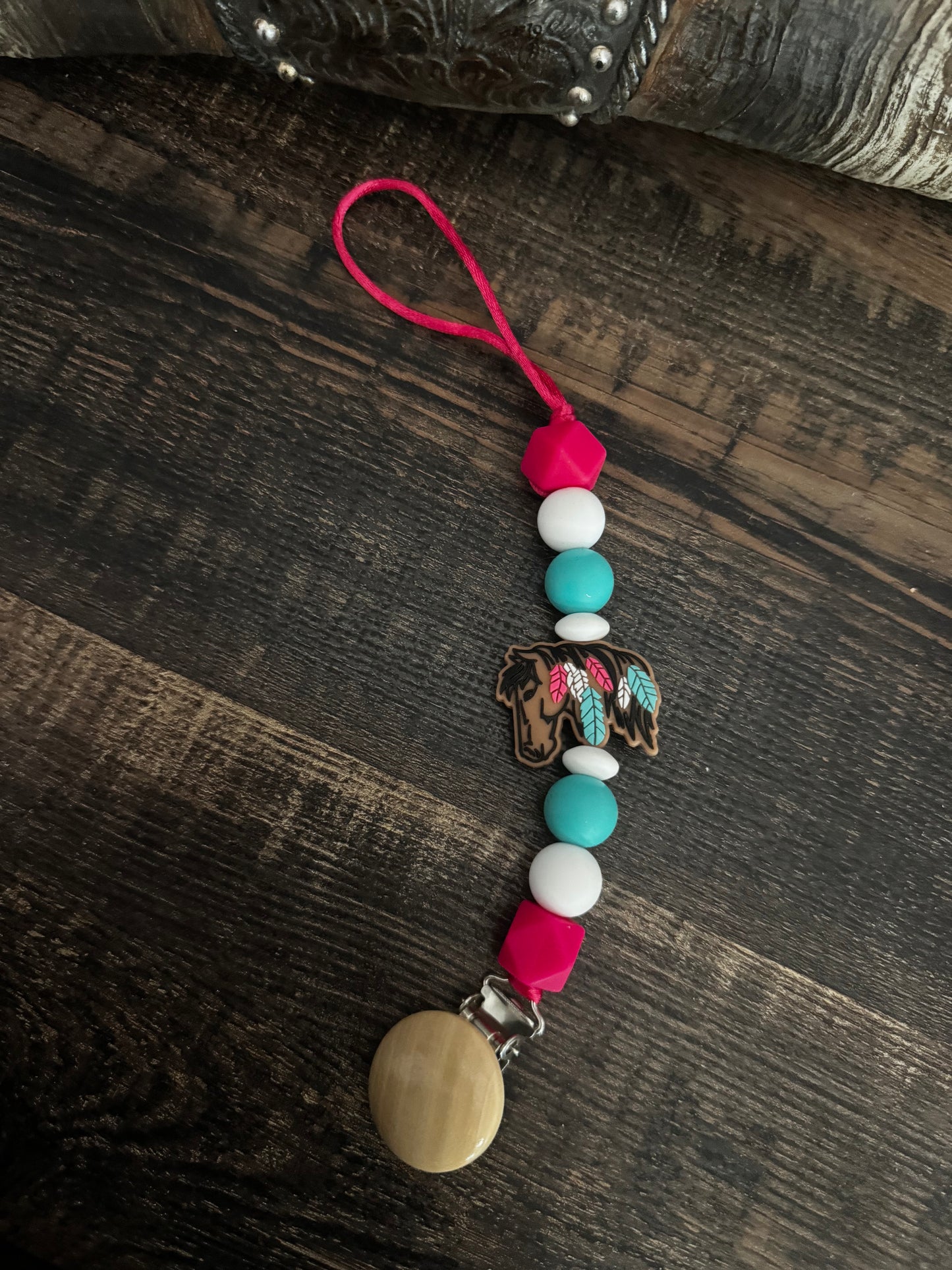 Pink N Blue Horse Silicone Pacifier Clip