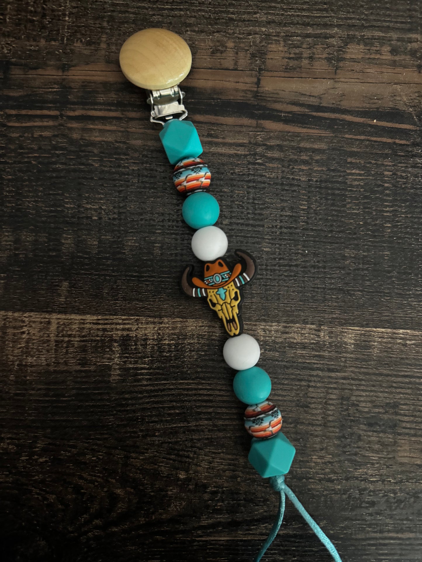 Bull Skull W Cowboy Hat Silicone Pacifier Clip