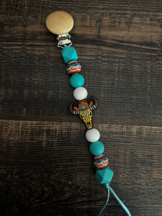 Bull Skull W Cowboy Hat Silicone Pacifier Clip