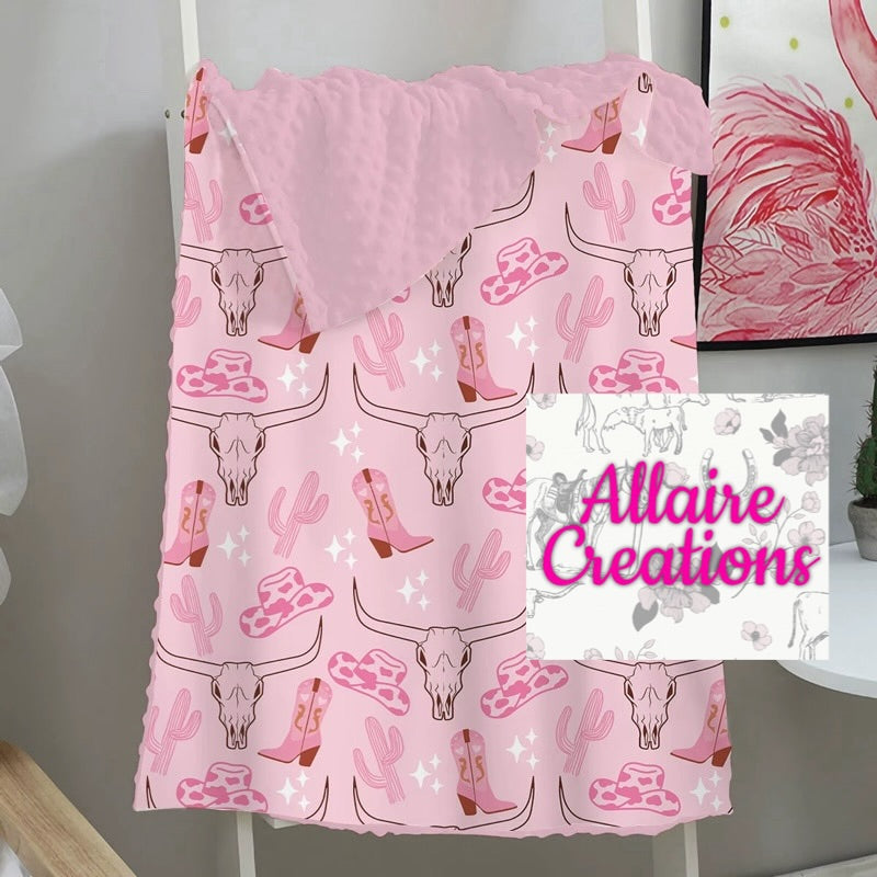 Pink Longhorn Boots Minky Blanket