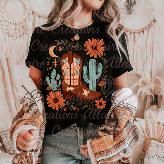Western Flowered Catcus Boots Tee