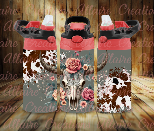 Brown Cow Print Cow Skull With Flowers Flip Cups