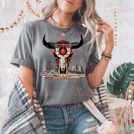 Red Aztec Cow Skull Tee