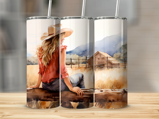 Cowgirl on a fence 20oz Tumbler