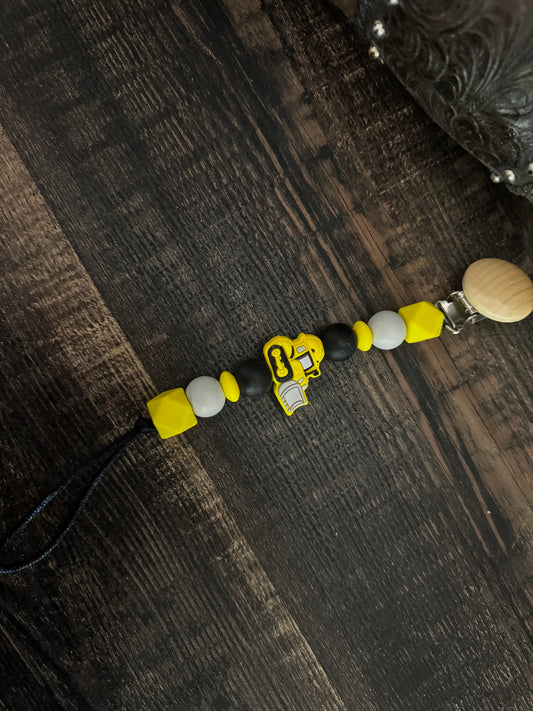 Yellow Bulldozer Silicone Pacifier Clip