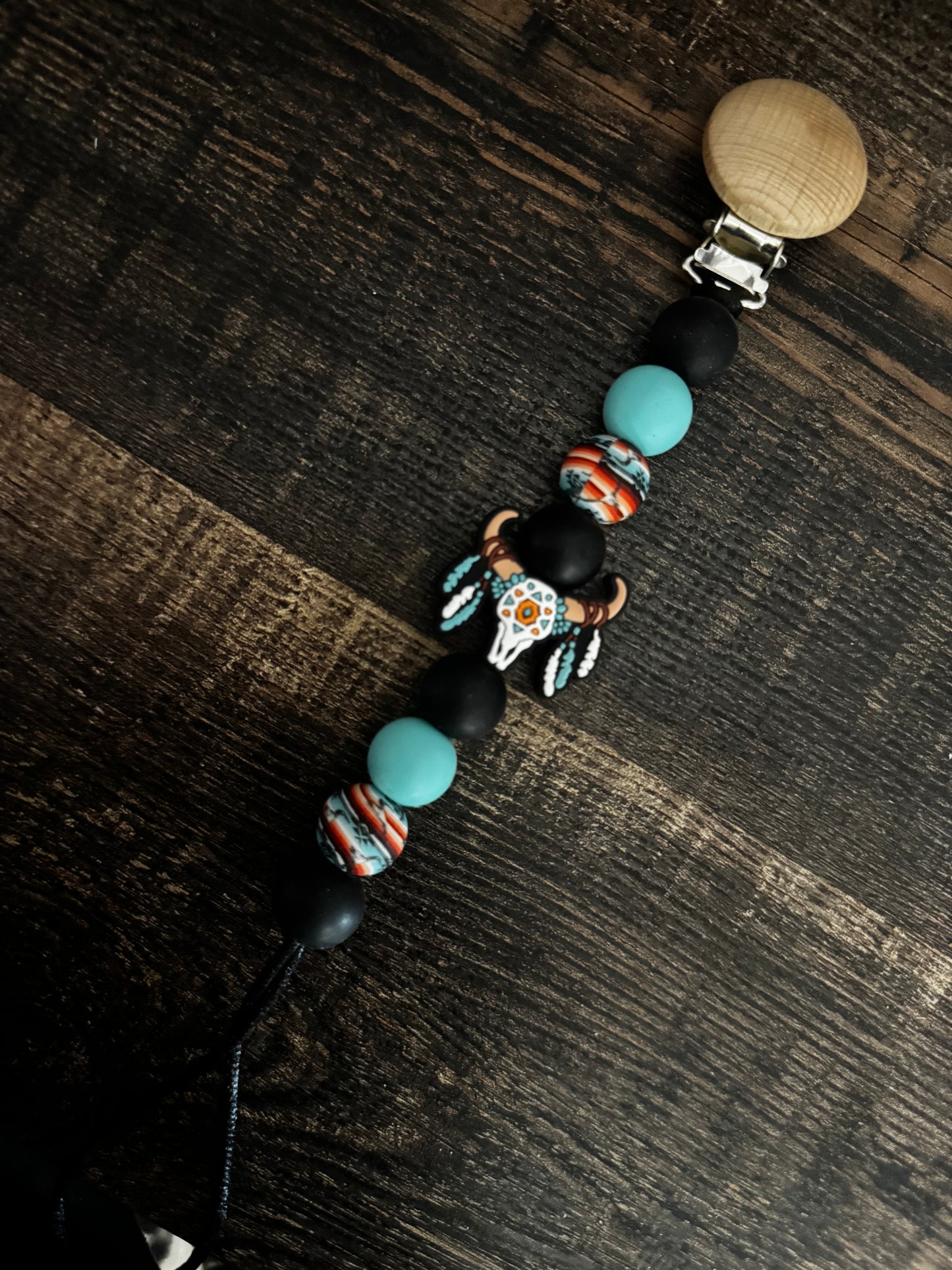 Black Feathered Skull Silicone Pacifier Clip