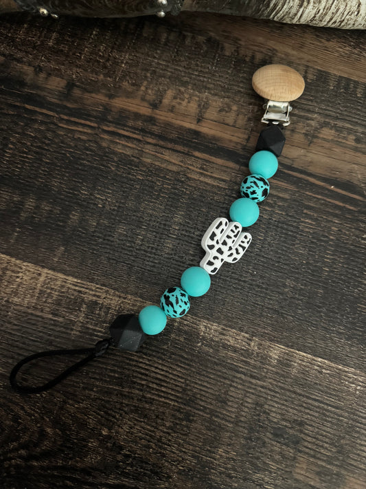 Black N Blue Cow Print Cactus Silicone Pacifier Clip