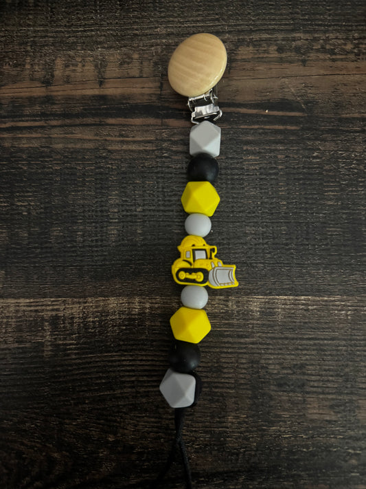 Grey Yellow Bulldozer Silicone Pacifier Clip