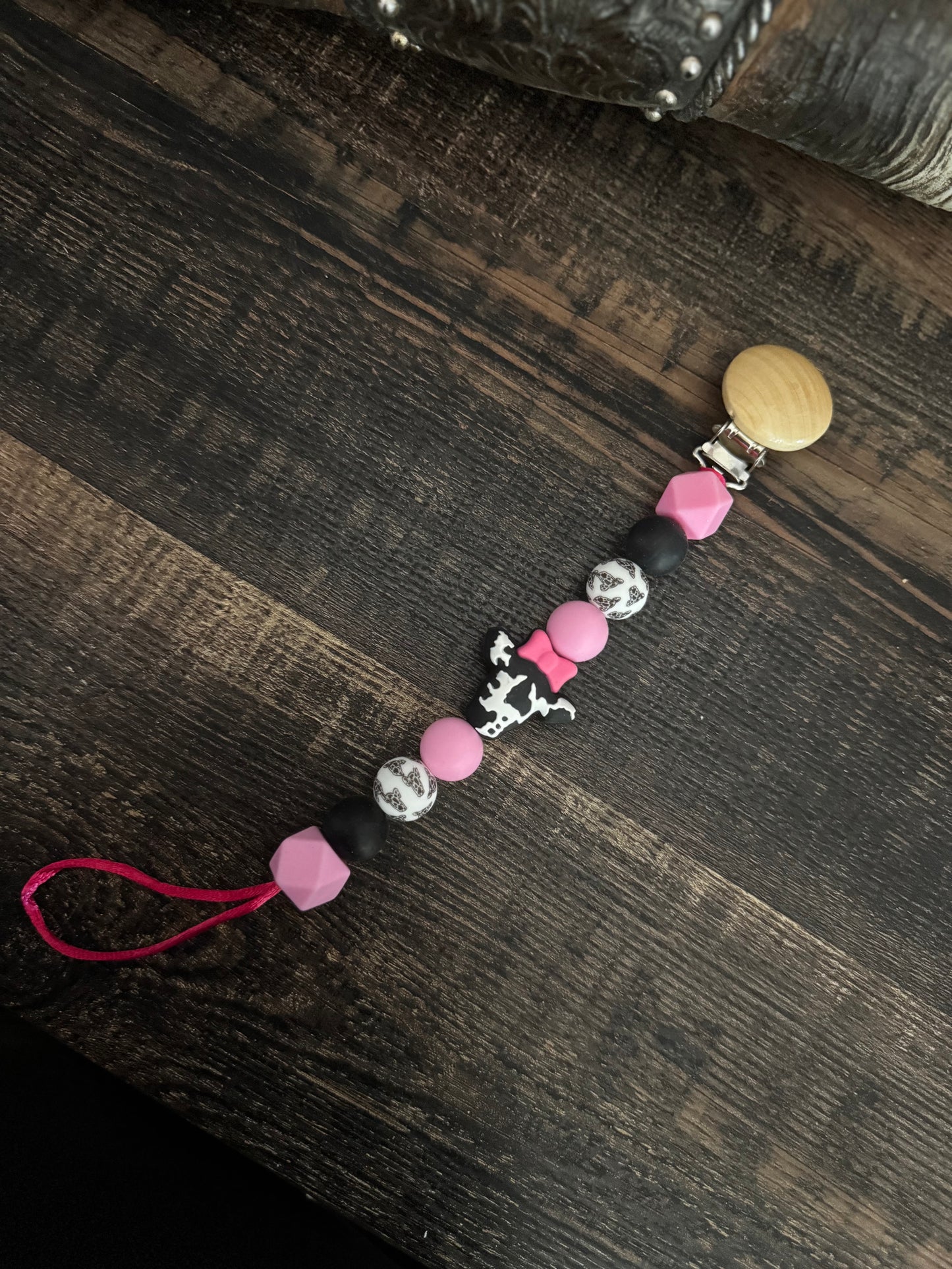 Pink Bow Cow Silicone Pacifier Clip