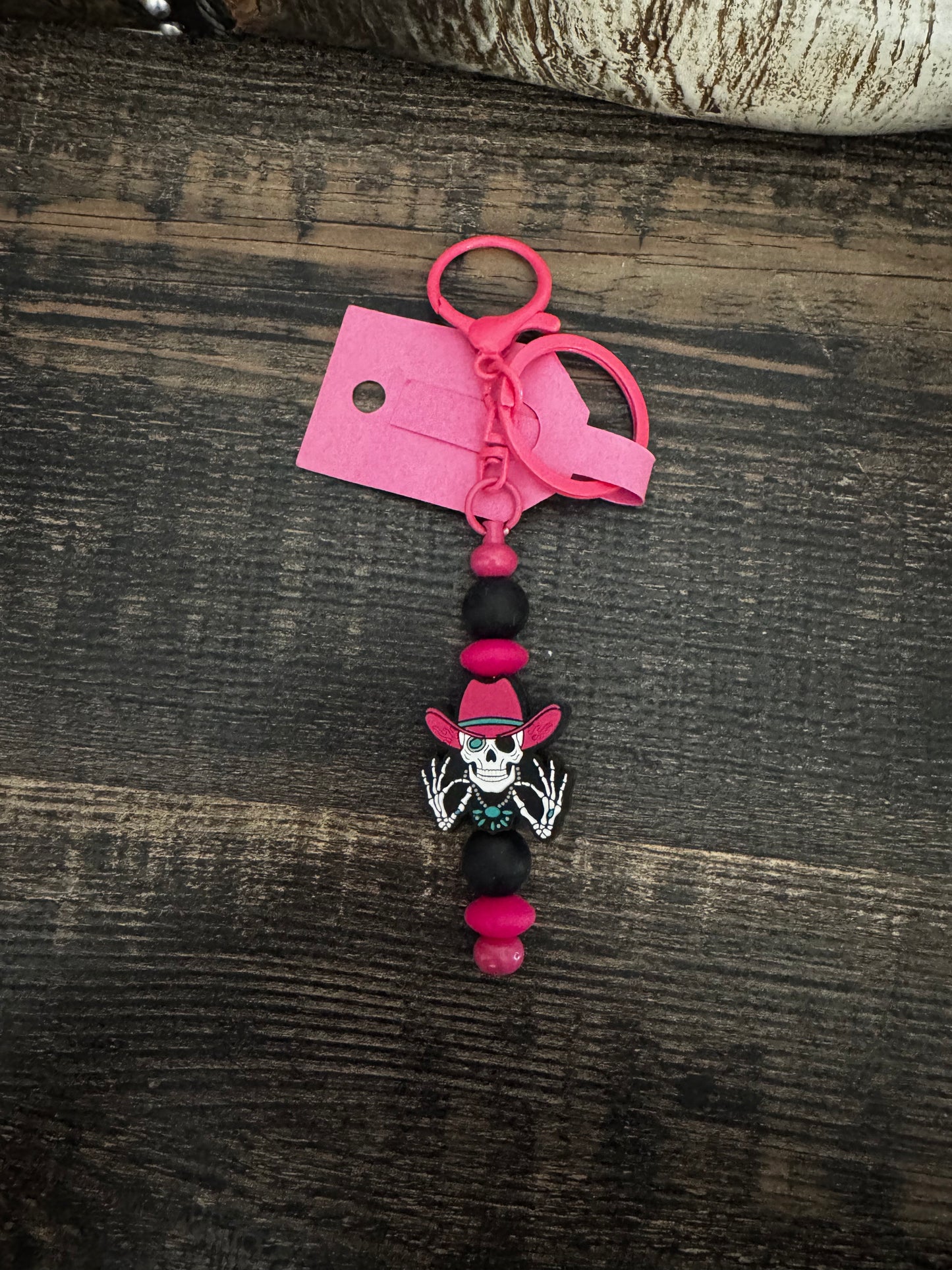 Pink Cowgirl Hat Skull Short Keychain