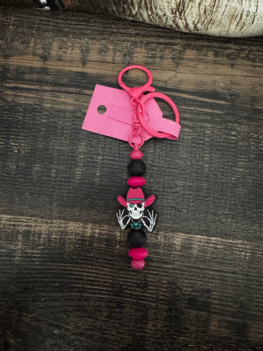 Pink Cowgirl Hat Skull Short Keychain